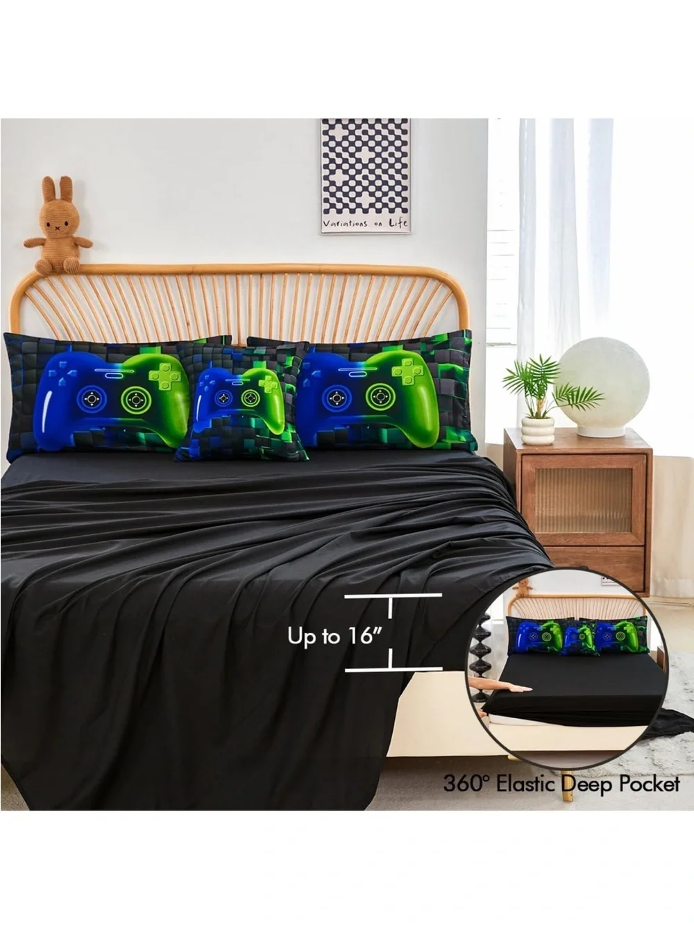 Neon Blue & Green Gamer Controller Comforter Set - Youth Bedding